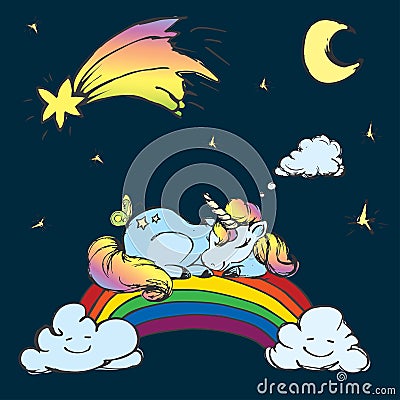 Ð¡ute Unicorn sleep on the rainbow,sky with moon,stars and comet Vector Illustration